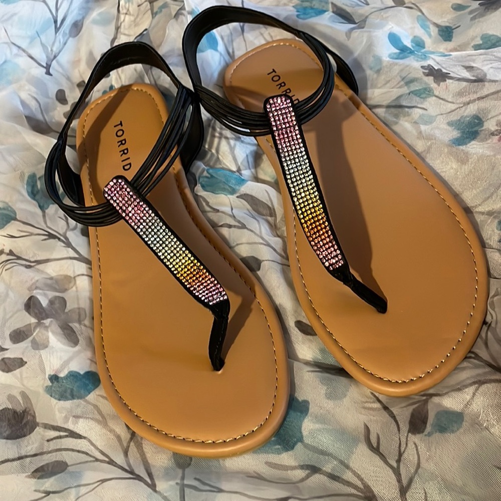Torrid T-strap sandal with multicolored gems! Size 10WW